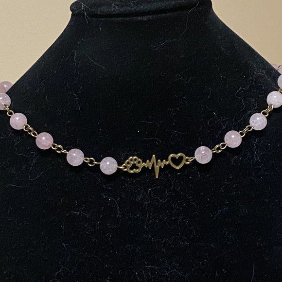 Natural Pink Rose Quartz Necklace, Bronze Paw Print Heart Beat+ Genuine Gemstone - Picture 3 of 14